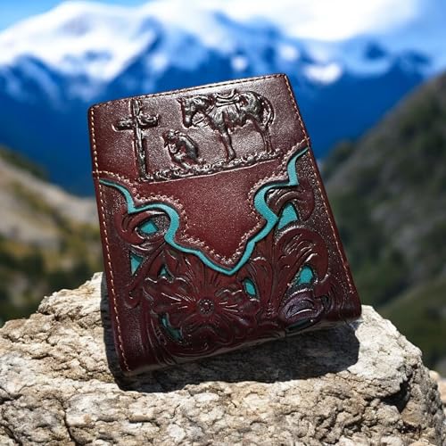 Men’s Short Leather Wallet – Embossed Cowboy Praying at Cross with Laser Cut Design – Christian Western Bifold Wallet for Ranchers, Cowboys & Faith-Based Gifts 5