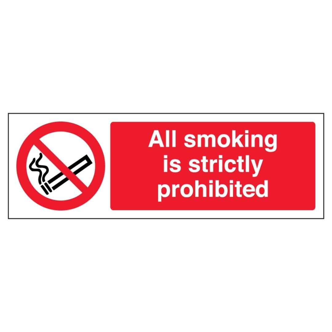 V Safety All Smoking Is Strictly Prohibited - Landscape 300 x 100 mm - Self Adhesive Vinyl - Aluminium Effect Safety Sign