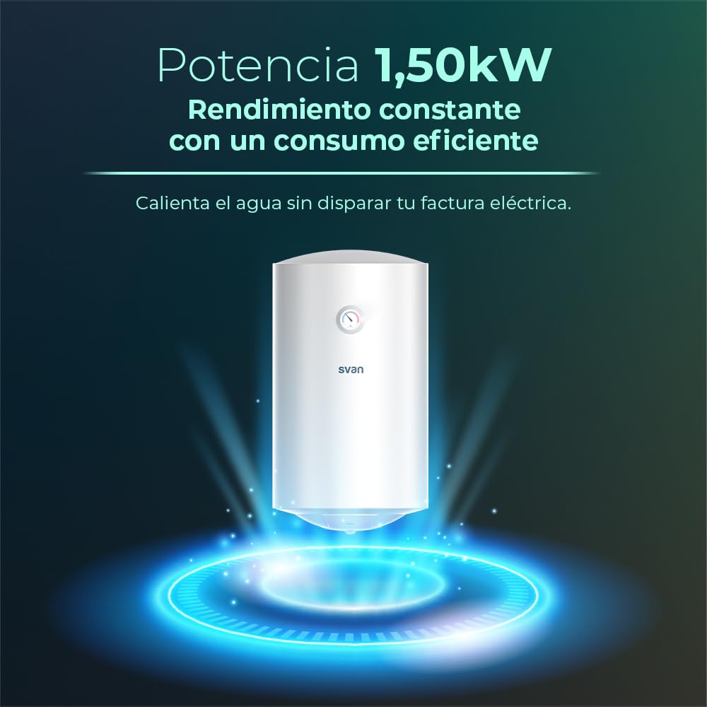 Svan Termo Eléctrico Vertical 50 Litros ST5001S. Instalación Vertical, 1500W, Incluye Kit de Montaje, Resistencia de Acero inoxidable, Blanco, Eficiencia Energética Clase C