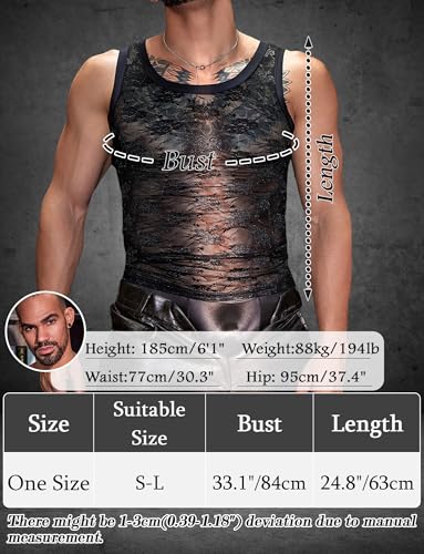 SEAUR Men's Lace Tank Top Sexy Sleeveless Sheer T Shirt Crew Neck Vest See Through Floral Nightclub Party Undershirt 6