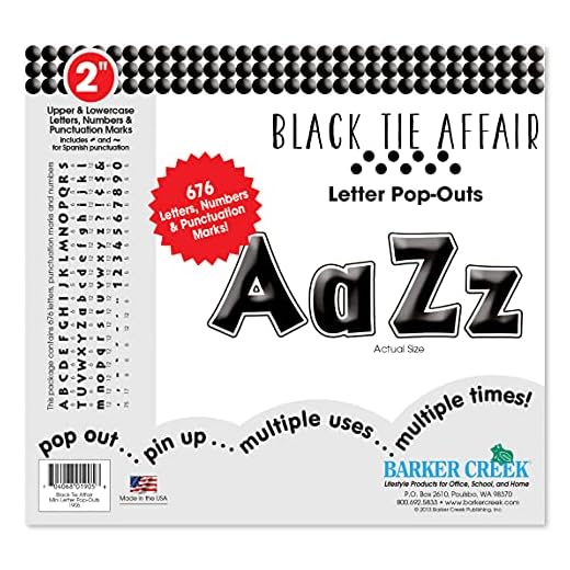 Barker Creek Letras Pop-Outs, 5 cm Black Tie Affair, Letras de designer multicoloridas para quadros de avisos, salas de descanso, áreas de recepção, placas, monitores e muito mais