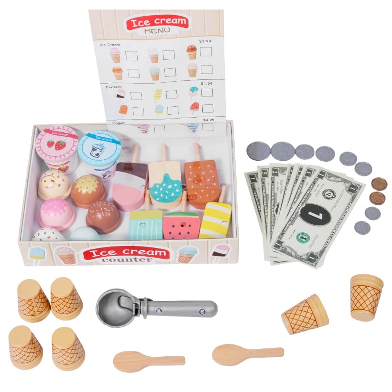 Ice Cream Toys for Kids, Wooden Ice Cream Set, Play Kitchen Accessories
