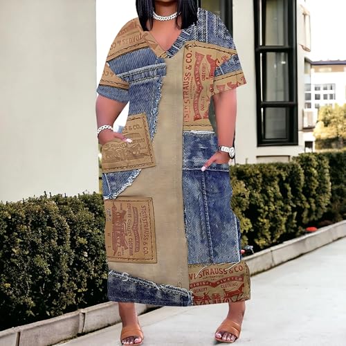 Image of SUZONANA Plus Size Denim Print Shirt Maxi Dresses for Curvy Women Casual Blue Jean Summer Outfits Long Short Sleeve Dress with Pockets Ladies XL