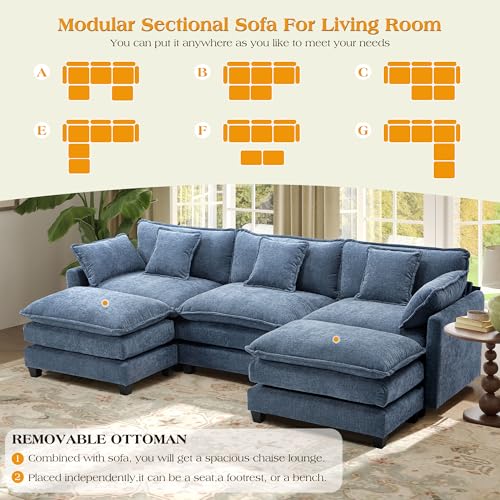 Image of 113.4 inch Modular Sectional Sofa,Cloud Couch for Living Room, Modern Deep Seat Sofa 3 Seater Chenille Fabric Comfy Couches with Throw Pillows & Ottoman for Apartment