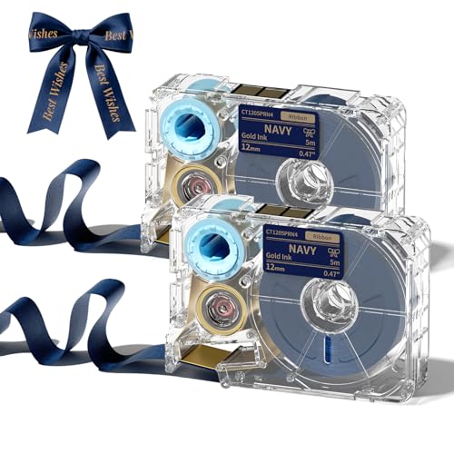 Phomemo A30 P15 Exclusive Embellish Gold Print on Navy Satin Ribbon Fabric Ribbons for Gift Wrapping Wedding Bouquets DIY Crafts Mothers Day Party Decor 12mm x 5m 2 Packs