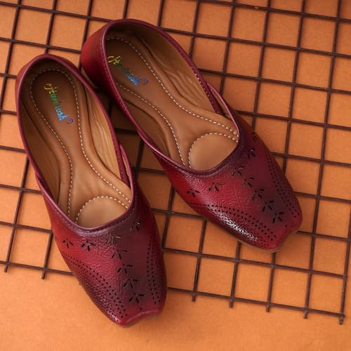 Image of Duosoft Women's Leather Ballet Flats, Black Perforated Design, Comfort Cushioned Insole, Slip-On Style Bellies Dw-201-Tan