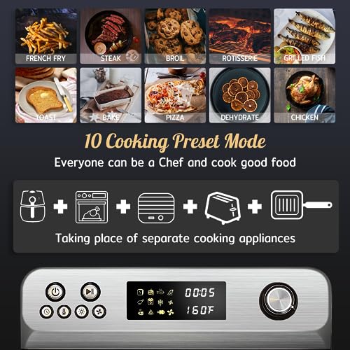 Image of HYSapientia Air Fryer Toaster Oven Combo, 26Quart 10-in-1 Extra Large Countertop Convection Oven with LED Display Knob Control, 1800W Stainless Steel, Less Oil, Faster Cooking,7 Accessories+Recipe