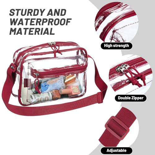 Image of Red Clear Crossbody Bag Stadium Approved，Transparent Messenger Purse concerts see through Pastic with front pocket Adjustable Strap