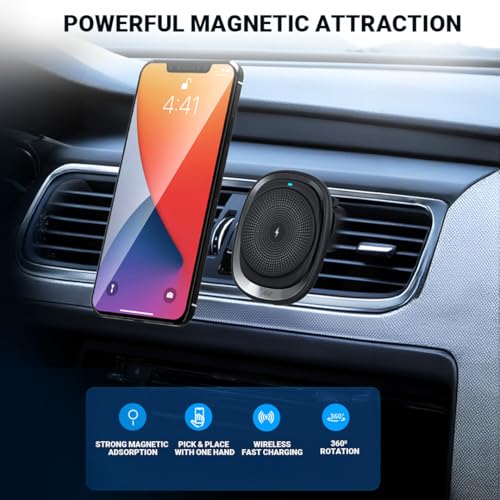 Image of ANT Aura 20 Magnetic Wireless Car Charger 15W Fast Charging, MagSafe Compatible Car Phone Holder with Type-C Port, 360 Rotating AC Vent Mount for iPhone 16 /15 /14 /13 /12 & Galaxy S25 Series