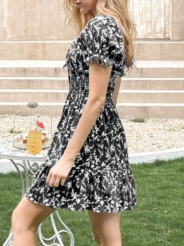 Image of Imily Bela Womens Summer Dress Ruffle Sleeve Sqaure Neck Smocked Sun Dress Casual Boho Beach Floral Mini Dress