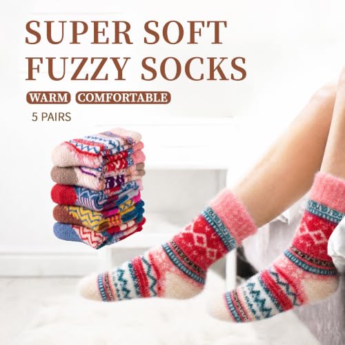 Image of ICEIVY 5 Pair Comfy Fuzzy Warm Winter Cozy Socks Birthday Gifts for Women | Plush Soft Socks Cloud Wool Thick Fluffy Vintage Style Premium Gift-Boxed Socks for Wife Mom Sister Grandma or Girlfriend