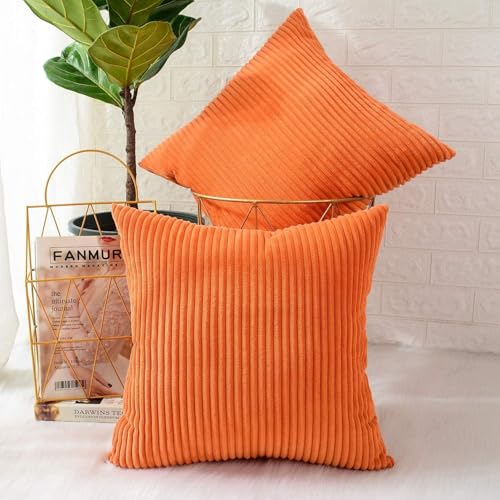 Guffaw Corduroy Cushion Covers 24x24 inches for Sofa, Bed, Couch Chair, Large Size, Square Pillow Shams (3, Orange)