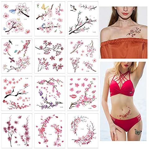 Glaryyears Flower Birds Temporary Tattoos, 12 Sheets Cherry Blossoms Fake Realistic Tattoo Sticker for Women Girls, Sexy Leaf Body Art for Seasons Cover