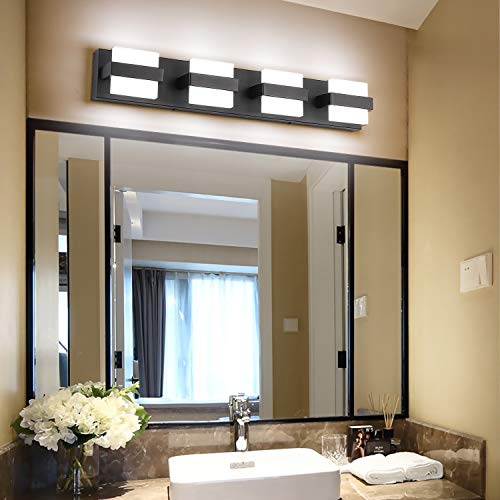 Image of SOLFART 4 Lights Black Vanity Light Fixtures Modern LED Bathroom Light Black Bathroom Lighting Fixtures for Mirror 27 inch White Lights Non Dimmable