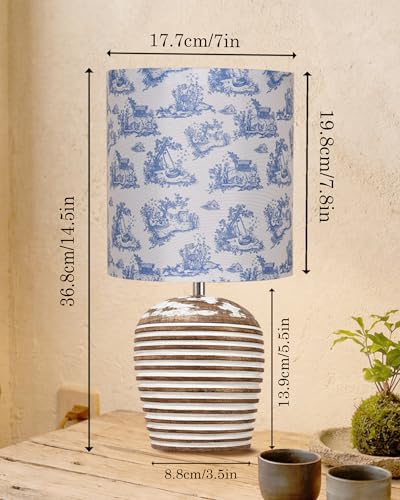 Image of Homesake Wooden Table Lamp for Bedroom | Bedside Lamp with Fabric Shade | E27 Holder with Bulb Included | Warm Light Night Lamp for Living Room, Study Table & Home Decor (KD Blue Printed Drum)