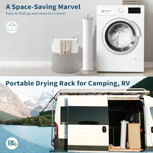 Image of Tripod Clothes Drying Rack Clothing Foldable & Portable Garment Rack Space Saving Laundry Aluminum Standing with 16 Poles Silver & White Floor Collapsible Household Indoor & Outdoor Holder