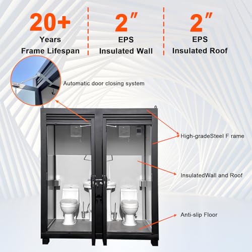 Image of Portable Toilet With Light, Outdoor Portable Restroom With Dual Private Stalls, Sink And Vent Fan, Two Person Mobile Toilet For Events Construction And Festivals, Silver Color