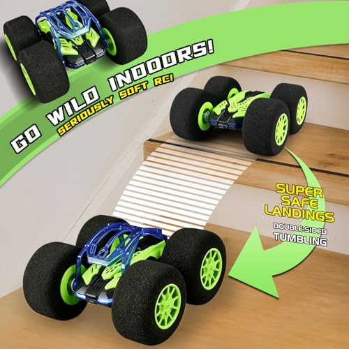 Image of pinkking Indoor Remote Control Car with Oversized Sponge Tires Stunt Soft Wheels RC Car Outdoor Indoor RC Vehicle Toy for Kids Double Sided 360 Rolling Rotating Vehicle for Boys Girls Gift, Green