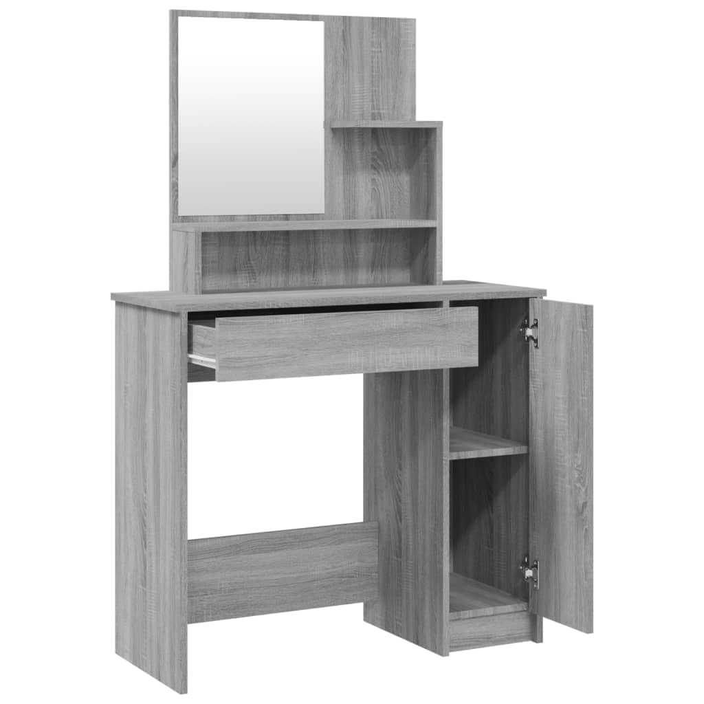 Toeletta trucco con specchio grigio Sonoma, tavolo vanità 86,5x35x136 cm in legno multistrato con cassetto, portaoggetti, consolle elegante per camera da letto e spogliatoio