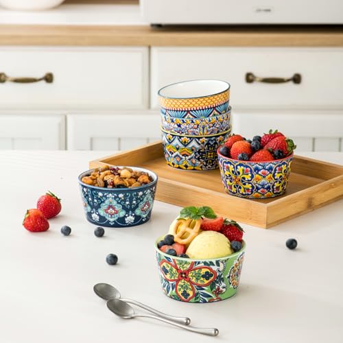 HENXFEN LEAD pirottini da soufflé in set di 6, set di piatti per creme brulee da 175 ml, pirottini colorati per deliziose carni speziate, ragù e budini - stile boemo - immagine 5