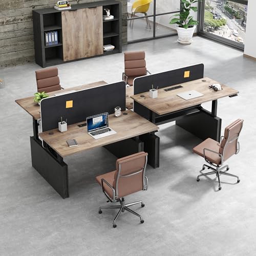 Two-Person Standing Office Desk with Built-In USB Outlet, Adjustable Computer Double Cubicle Desk, Staff Workstation with Privacy Panel & Wire Grommet, for Home/Office (Mahogany, for 4 People)
