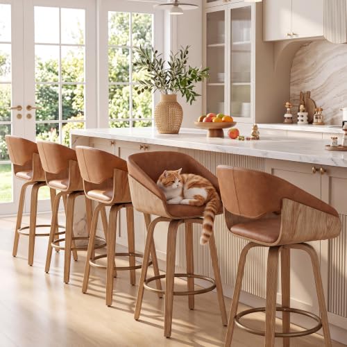 Image of 26 inch Swivel Bar Stools Set of 5, Brown Faux Leather Counter Height Barstools | 360 Swivel Bar Height Stools, Barrel Backrest, Solid Wood Frame, Round Footrest, Counter Stools for Kitchen Island, Home Bar