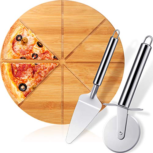 Pizza Cutter and Cutting Board Set Includes 1 Cake Server 1 Pizza Cutter Wheel and 13 Inch Round Wooden Pizza Board for Kitchen Cake Pizza Pie Divide