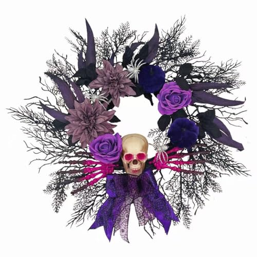 Halloween Skull Wreath for Front Door, 20 Inch Spooky Gothic Wreath Decor with Purple Roses and Black Plants for Indoor Home Window Door Halloween Decorations Halloween Skull Wreath for Front Door, 20 Inch Spooky Gothic Wreath Decor with Purple Roses and Black Plants for Indoor Home Window Door Halloween Decorations