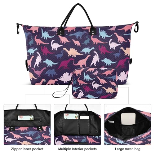 Colorful Dinosaur Hipster Large Travel Duffle Bag Weekender Overnight Bags Gym Yoga Bag for Women Men with Toiletry Bag2