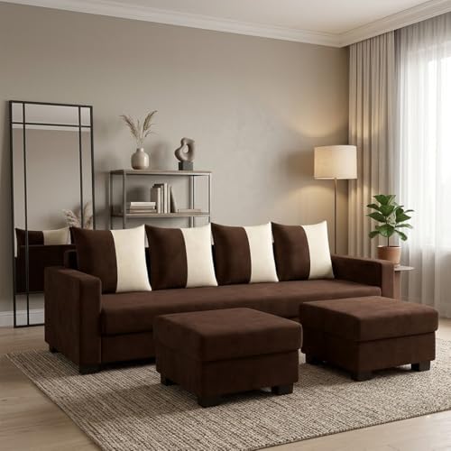 Image of SOCOZI Braviza 6 Seater L Shape Sofa Set with 2 Movable Ottomans | Flexible Layout | Soft Velvet Suede Fabric | Modern Design | Plush Comfort Cushions for Living Room (Dark Brown-Cream)