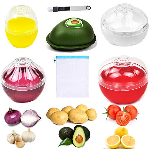 Onion Garlic Lemon Avocado Tomato StorageSaverKeeper and Potato Storage Bag Yamesu BPA Free Vegetable Shaped Food StorageHolderContainer and Mesh Keeper Bag 6-piece Set Bundle with a Brush
