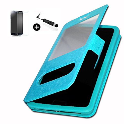 Wiko Iggy super PACK premuim Etui fenêtres Housse Coque Folio turquoise PU + mini stylet screen touch + verre trempé Dureté 9H, Ultra-mince 0.20 mm...