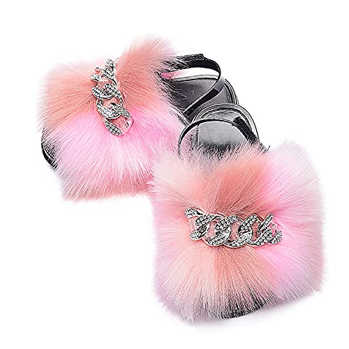 Girls Faux Fur Fluffy Slides Sparkle Rhinestone Toddler Furry Slippers Colorful Sandals with Back Strap3