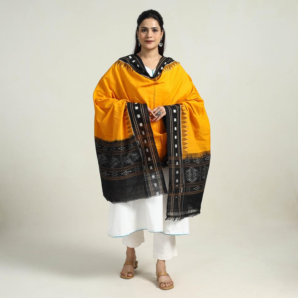 Image of Cotton Dupatta with weaving and Ikat woven border from the Weavers Stole for Girls & Women