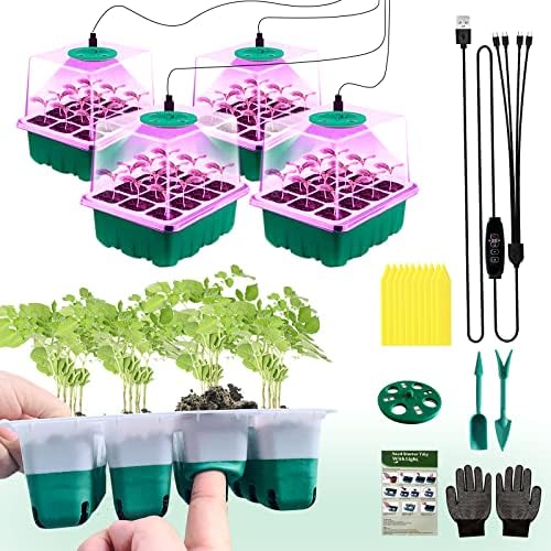 Techsliker Seed Starter Tray Germination Kit, Reusable Seed Starting Kit with Humidity Dome, Plant Seed Starting Trays for Vegetable Flower Herb Seeds (4 Sets with Grow Lights)