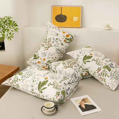 Image of ECOCOTT 4 Pack Pillowcase Queen Size with Green Botanical Floral Leaves Pillow Cases Set, 100% Cotton Queen Pillow Covers Envelope Closure (Queen, 20 inchx30 inch)