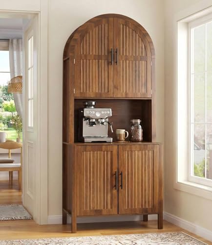 Image of 76 inch Tall Arched Kitchen Pantry,Large Storage Cupboard with Fluted Doors,Microwave Shelf,Modern Wooden Buffet Sideboard,Adjustable Shelves,Cabinet for Dining,Living Room,Walnut