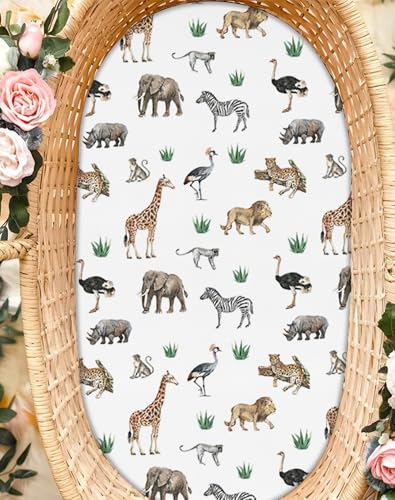 Image of Bassinet Sheets for Baby Girls Boys 2 Pack, Fitted Baby Mattress Sheet for Rectangle, Oval, Hourglass Bassinet Mattress, Breathable Cozy & Universal Fit (Jungle Journey, Bassinet Sheet)