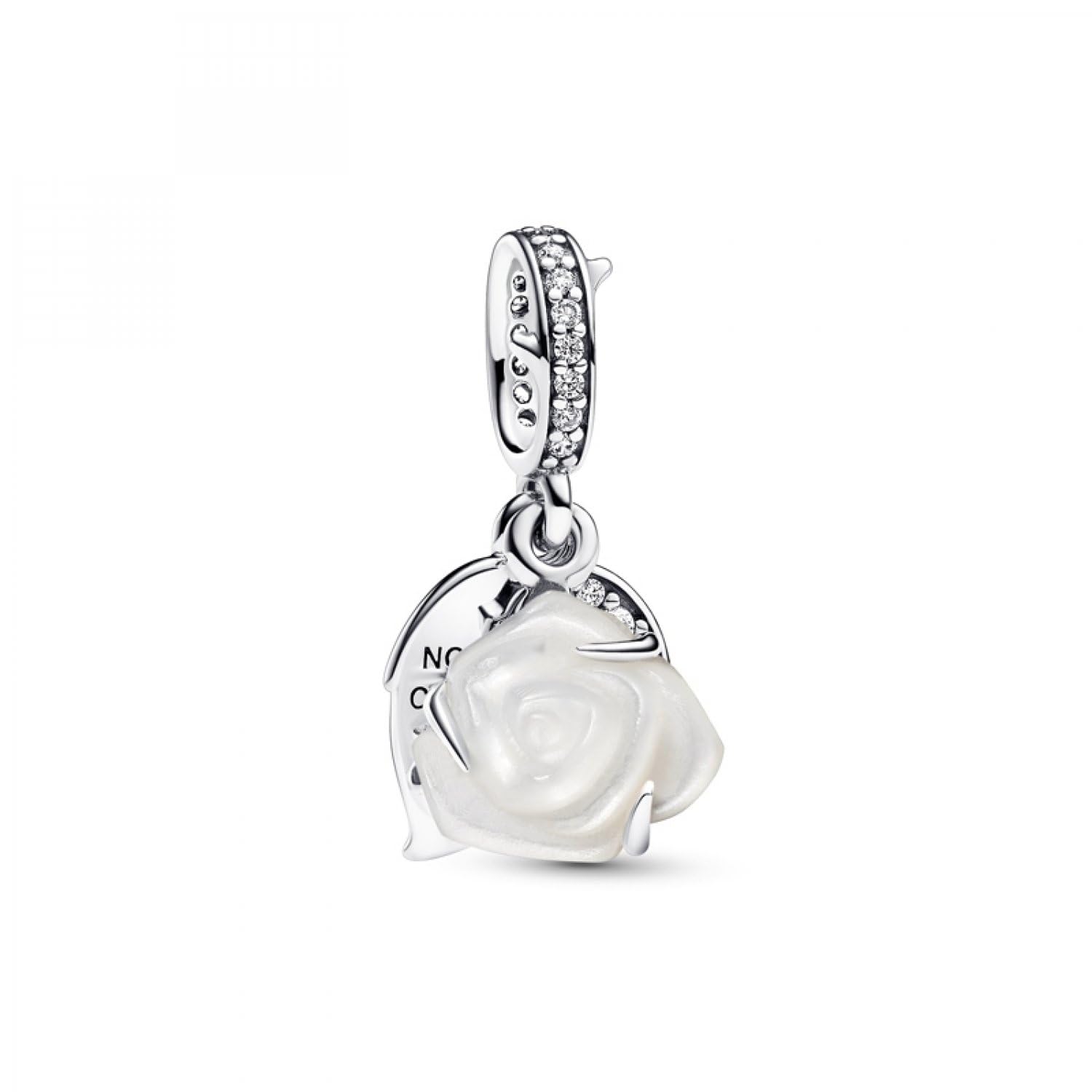 Pandora Moments White rose sterling silver double dangle with white bioresin man-made mother of pearl and clear cubic zirconia