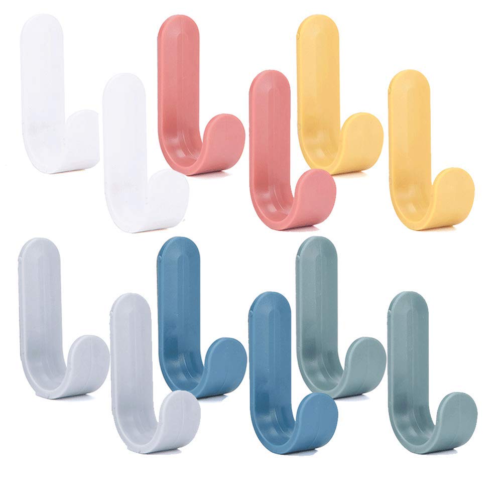 Juliyeh 12 Pieces Self Adhesive Hooks Wall Hanging Plastic Creative Cute J-Shaped Hooks Powerful Self Adhesive Hooks for General Bathroom Kitchen Use Sticky Wall Hook Waterproof