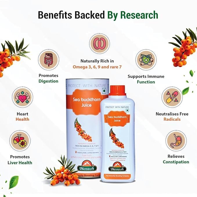 Image of Biosash Sea Buckthorn Pulp Juice 750ml | From Certified Organic Berries , Cold-Pressed | Rich in Omega 3 6 7 9, Vitamins & Antioxidants | No Added Sugar, Glow Skin , Gut health , Immunity , Herbal, Wellness & Vitality , 50 Serves