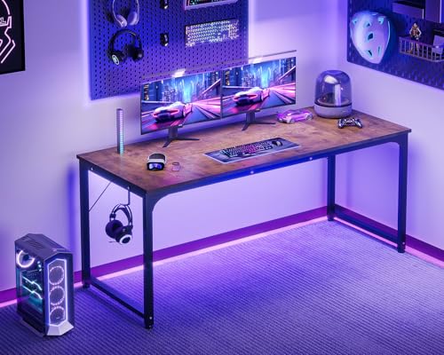 Image of Casaottima 63 Inch Computer Desk for Home Office, Study Writing Table for Small Spaces, Simple Modern Desk with Headphone Hooks, Rustic Brown