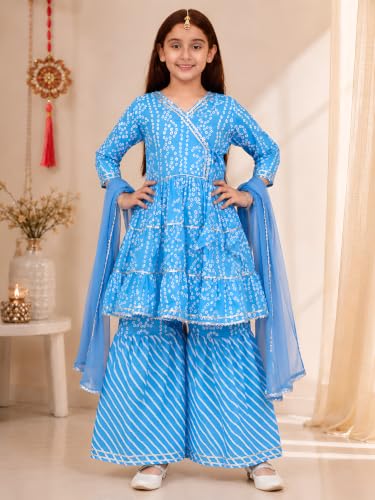 Image of Preneum Girl's Cotton Rayon Bandhani & Lahariya Printed Angrakha Kurta with Sharara & Dupatta