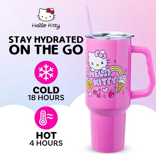 Image of Silver Buffalo Sanrio Hello Kitty Summer Double Walled Stainless Steel Tumbler with Handle, Fits in Standard Cup Holder, 40 Ounces