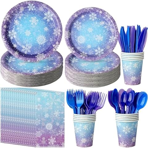 Winter Snowflake Paper Plates and Napkins Set, Blue and Purple Snowflake Winter Wonderland Disposable Tableware for Christmas Winter Holiday New Year Birthday Party Supplies Decorations, Serve 50 Cover