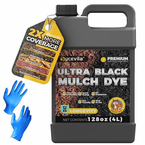128oz Concentrated Ultra Black Mulch Dye with Gloves, Liquid Rubber Dye Spray Covers up to 14,400 Sq. Ft, Long-Lasting Finish Black Bark Paint for Mulch...