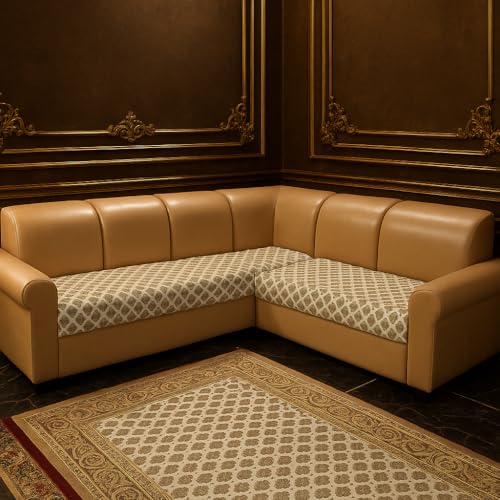 Image of JAPA Royal Lattice Beige Quilted Velvet L-Shape Seat-Only Sofa Cover for 4+3 Seater - Non-Slip Washable Daily Use Sofa Protector, Luxury Sofa Mat for Living Room