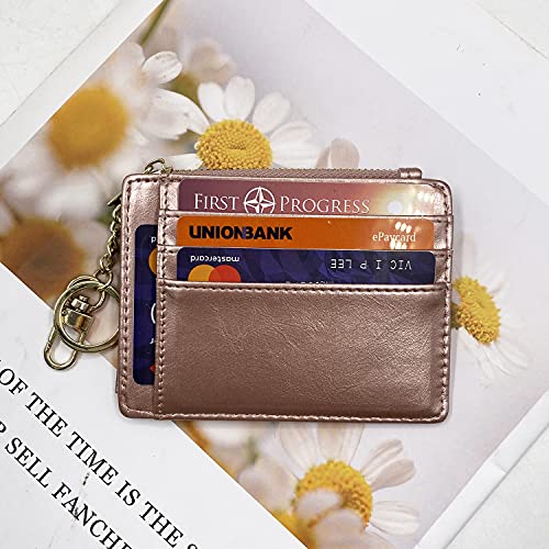 Image of Womens Slim RFID Credit Card Holder Mini Front Pocket Wallet Coin Purse Keychain (Oil Rose Gold)