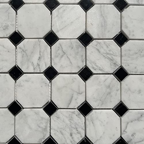 Stone Center Online Carrara White Marble 2 Inch Octagon Mosaic Tile W/Nero Marquina Black Dots Polished Kitchen Bath Wall Floor Backsplash Shower (1 Sheet) #TOP3