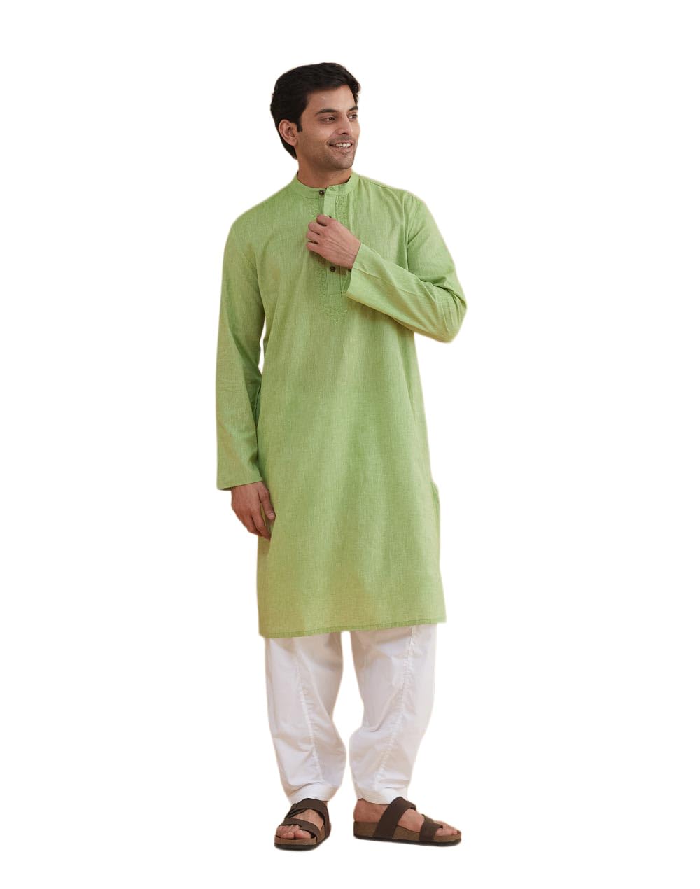 fabindia Fabnu Men Cotton Green Embroidered Mandarin Collar Full Sleeves Everyday Comfort Fit Kurta-picture-21